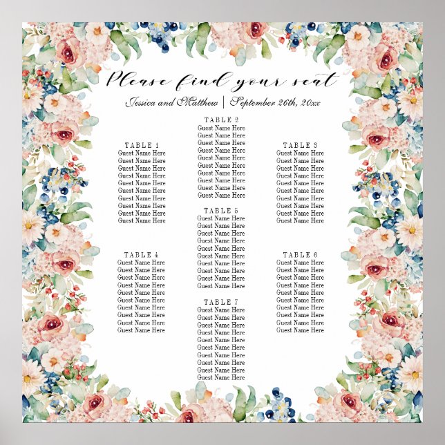Poster Watercolor Floral 7 Mesas Casamento (Frente)