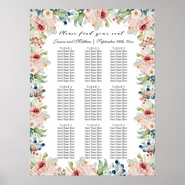 Poster Watercolor Floral 9 Mesas Casamento (Frente)