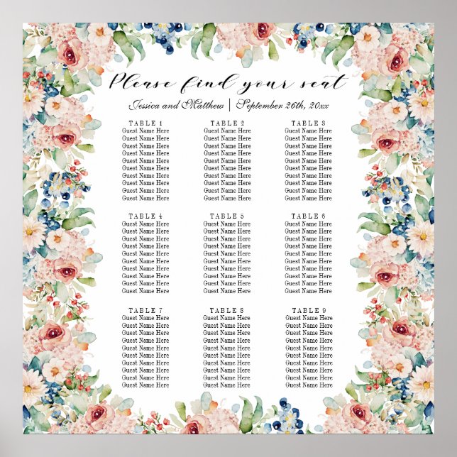Poster Watercolor Floral 9 Mesas Casamento (Frente)