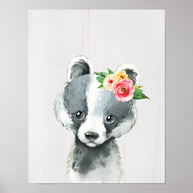 Poster Watercolor Floral Baby Badger, Woodland Animal (Frente)