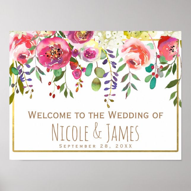 Pôster Watercolor Floral Flowers Modern Wedding Welcome (Frente)