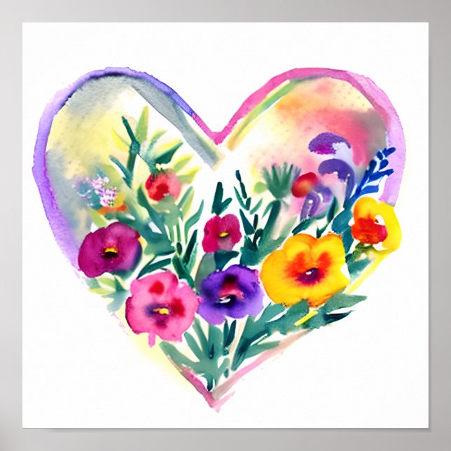 Poster Watercolor Floral Heart Wreath (Frente)