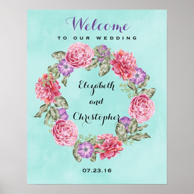 Poster Watercolor Floral Wreath Wedding Welcome (Frente)