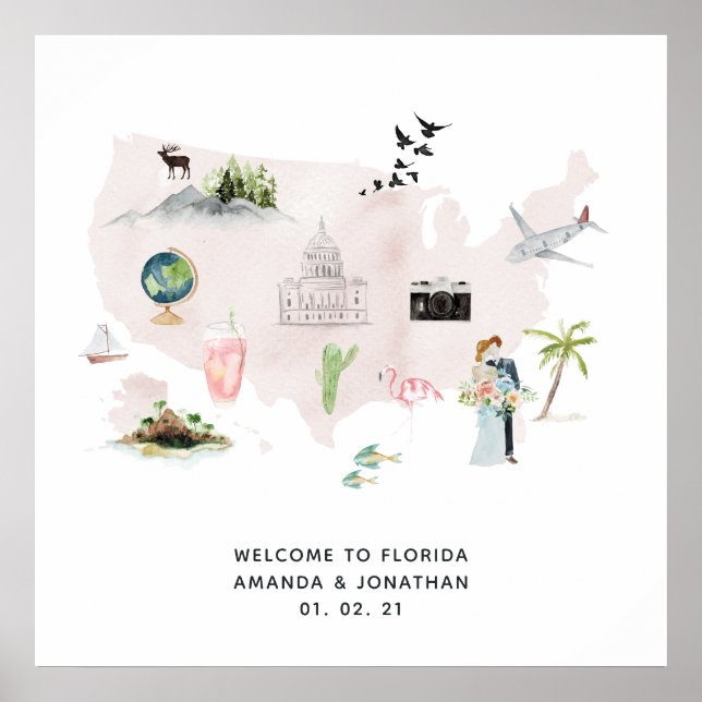 Poster Watercolor Florida USA Destino Wedding Welcome (Frente)