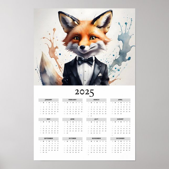 Poster Watercolor Fox Vestindo um Calendário de Parede Tu (Frente)