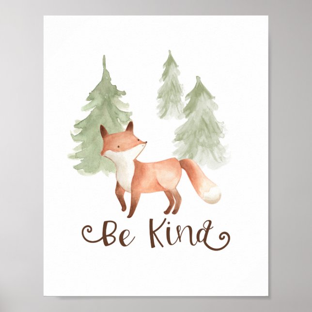 Poster Watercolor Fox Woodland Friends Be Kind Nursery (Frente)
