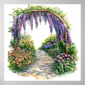 Poster Watercolor Garden Gate Flowery Painting