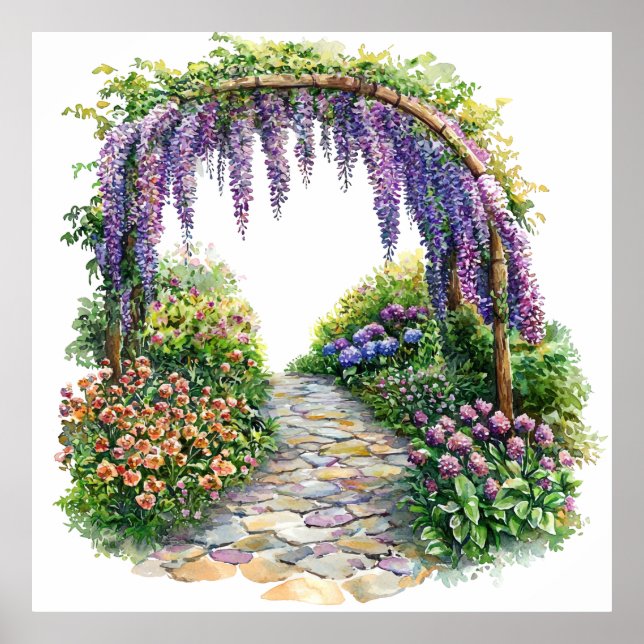Poster Watercolor Garden Gate Flowery Painting (Frente)