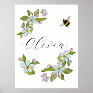Poster Watercolor garden tree flowers and bumblebee. 