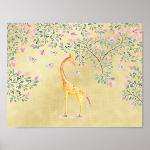 Poster Watercolor Giraffe Butterflies and Blossom