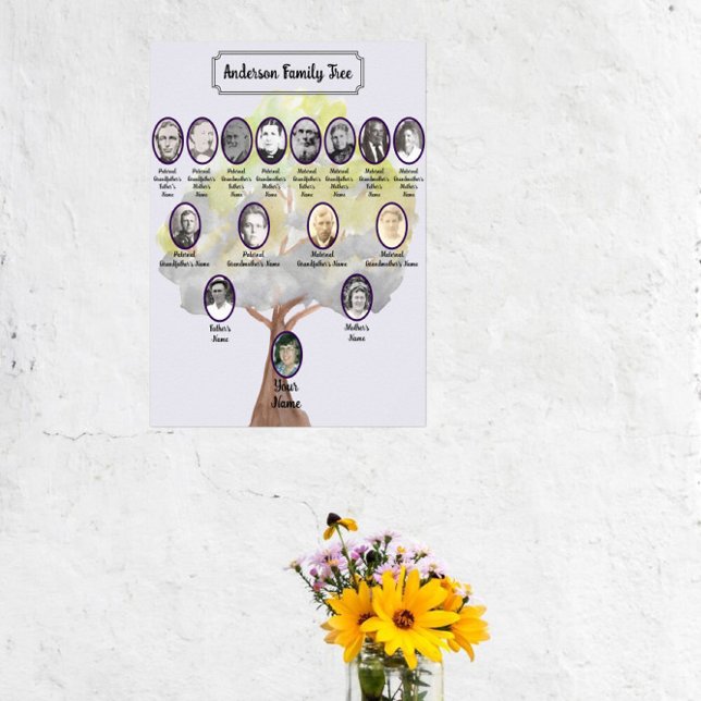 Poster Watercolor Gray Green Tree Oval Ancestor Photos (Criador carregado)