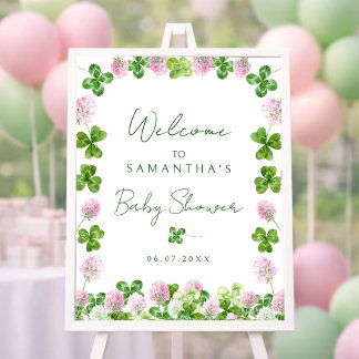 Poster Watercolor Green Clovers Baby Shower Welcome Sign