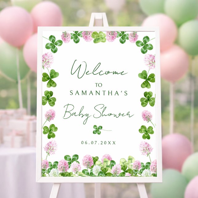 Poster Watercolor Green Clovers Baby Shower Welcome Sign (Criador carregado)
