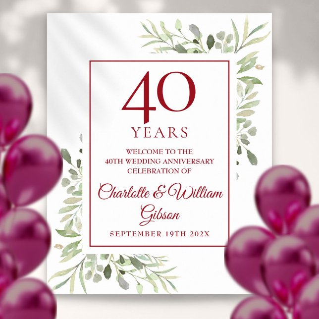 Poster Watercolor Greenery 40º Aniversário Bem-vindo (Watercolor Greenery 40th Anniversary Welcome Poster)