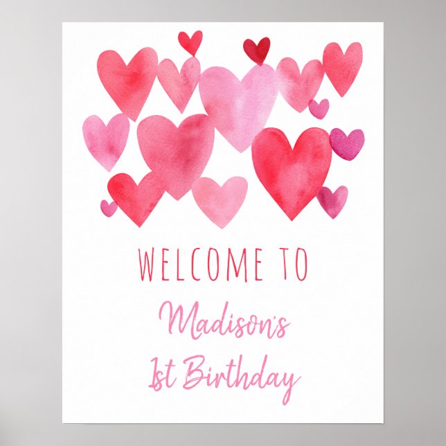 Poster Watercolor Hearts Birthday (Frente)