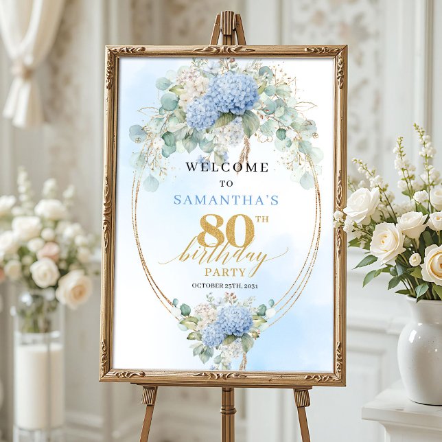Poster Watercolor Hydrangeas Eucalyptus 80th birthday  (Watercolor Hydrangeas Eucalyptus 80th birthday welcome)