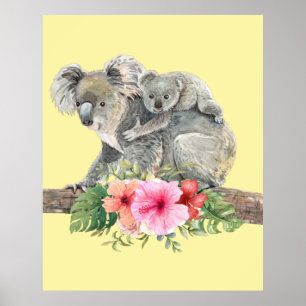 Poster Watercolor Koala Bears Bonita Mãe e Bebê
