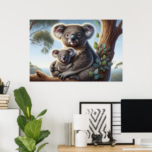 Poster Watercolor Koala e Baby Joey em uma pintura em árv
