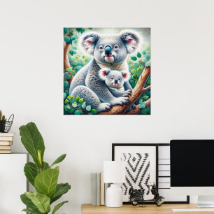 Poster Watercolor Koala e Baby Joey em uma pintura em árv