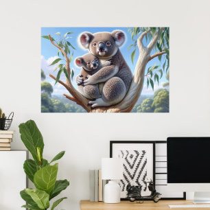Poster Watercolor Koala e Baby Joey em uma pintura em árv