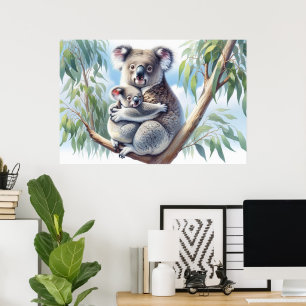 Poster Watercolor Koala e Baby Joey em uma pintura em árv