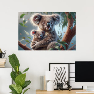 Poster Watercolor Koala e Baby Joey em uma pintura em árv
