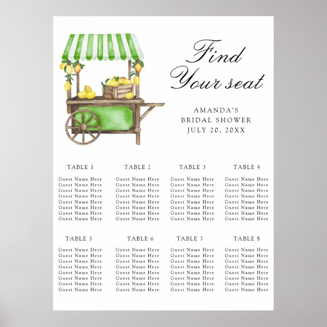 Poster Watercolor Lemon citrus wedding seating chart (Frente)