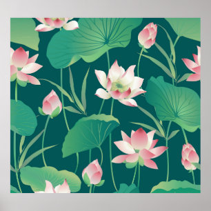 Poster Watercolor lotus: flores sem costura vindimas.