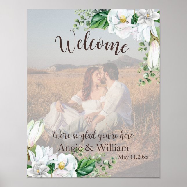 Poster Watercolor Magnolia Wedding Foto de Boas-Vindas (Frente)