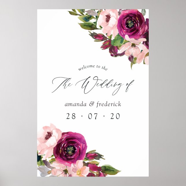 Poster Watercolor Marsala e Blush Floral Wedding (Frente)