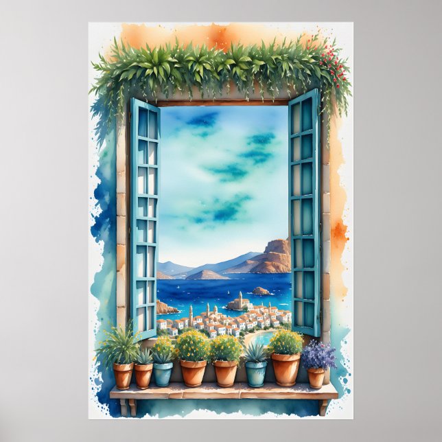 Poster Watercolor Mediterranean Window View Coastal Ville (Frente)