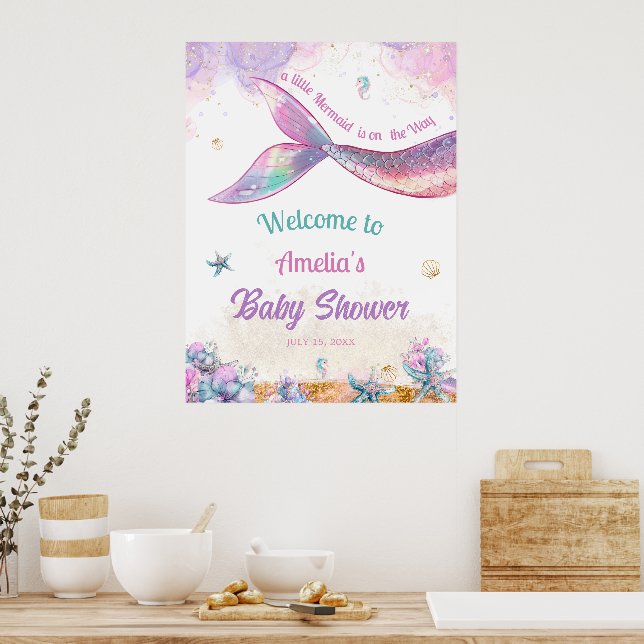 Poster Watercolor Mermaid Tail Welcome Ocean Girl (Cozinha)