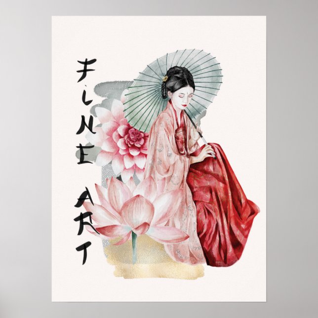 Poster Watercolor Mulher Japonesa Umbrella Lotus Fine Art (Frente)