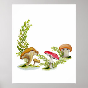 Poster Watercolor mushrooms in a forest clearing