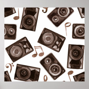 Poster Watercolor Music Auto-falantes Padrão Sepia