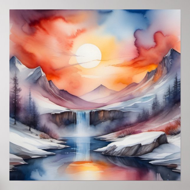 Poster Watercolor of snow covered mountains under sunset (Frente)