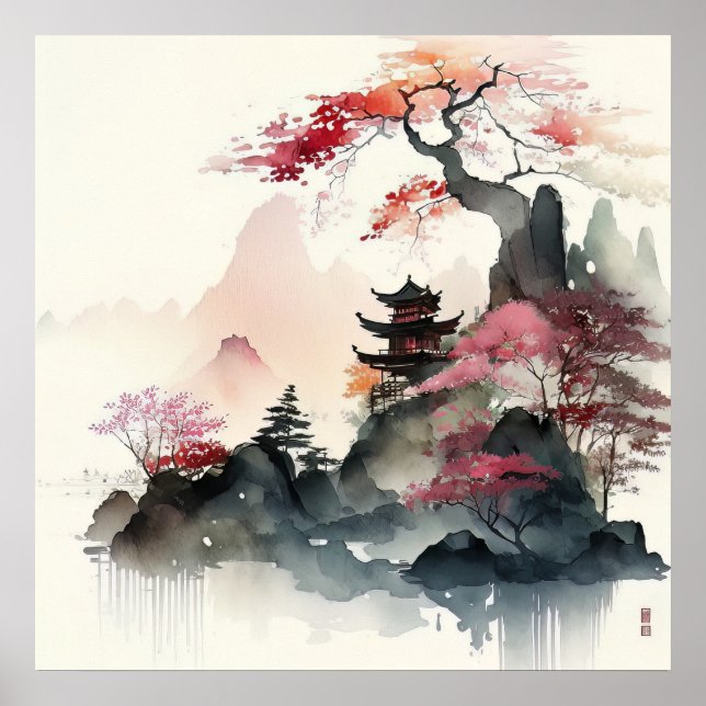 Poster Watercolor Pagoda Art (Frente)