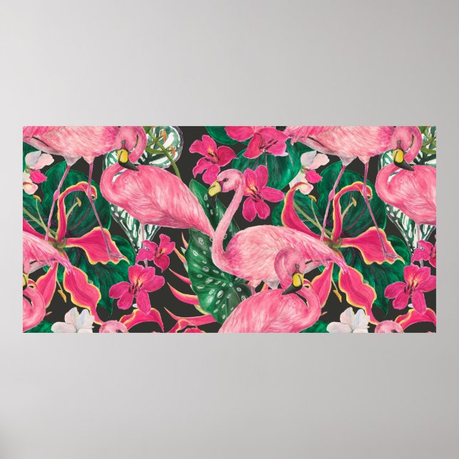 Poster Watercolor painting seamless pattern with flamingo (Frente)