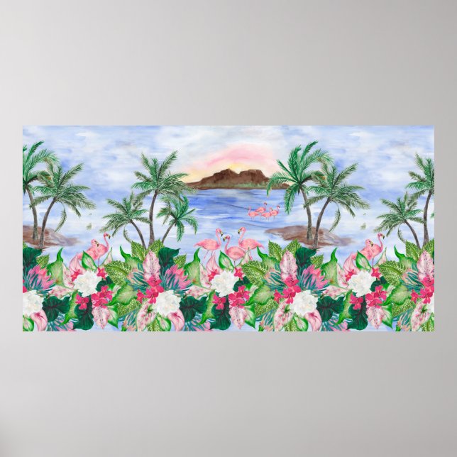 Poster Watercolor painting seamless pattern with hawaiian (Frente)