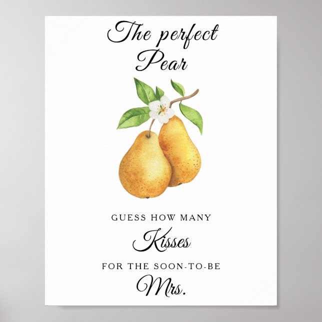 Poster Watercolor pears bridal shower How many kisses (Frente)