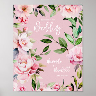 Poster Watercolor Peony Magnolia Weding Welcome Pink