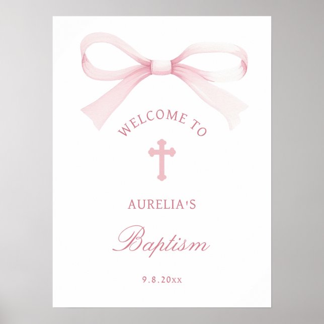 Poster Watercolor Pink Bow Baptism Welcome (Frente)