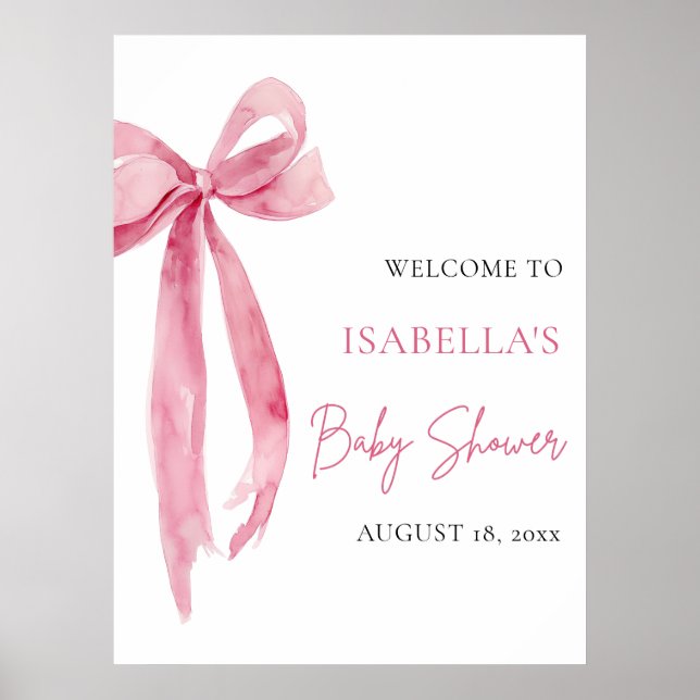 Poster Watercolor Pink Bow Coquette Baby Shower Welcome (Frente)
