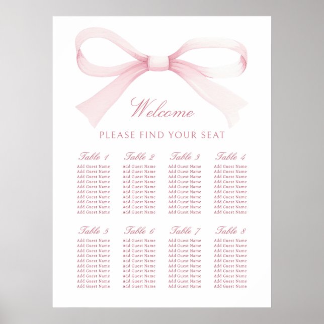 Poster Watercolor Pink Bow Seating Chart (Frente)