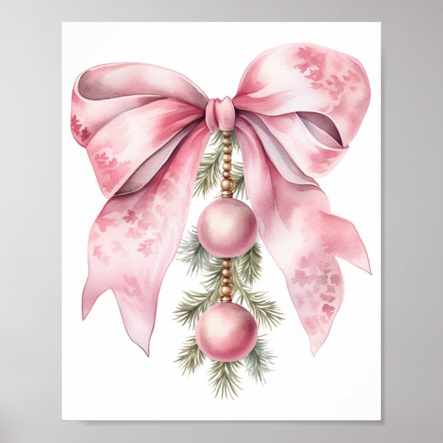 Poster Watercolor Pink Bow with Baubles  (Frente)