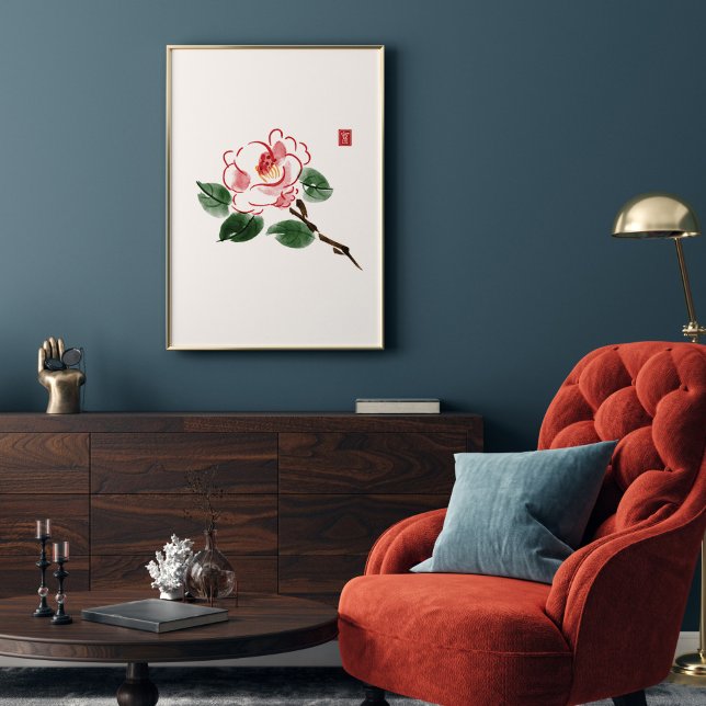 Poster Watercolor Pink Camellia Flores Hieroglyph Wealth (Criador carregado)