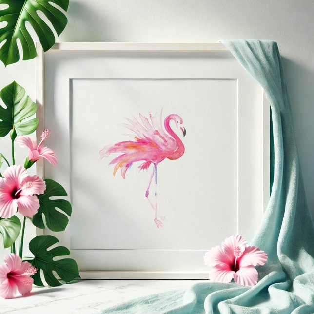 Poster Watercolor Pink Flamingo Original Tropical Art (Tropical watercolor art for living rooms pink flamingo by Victoria Grigaliunas. Order prints. )