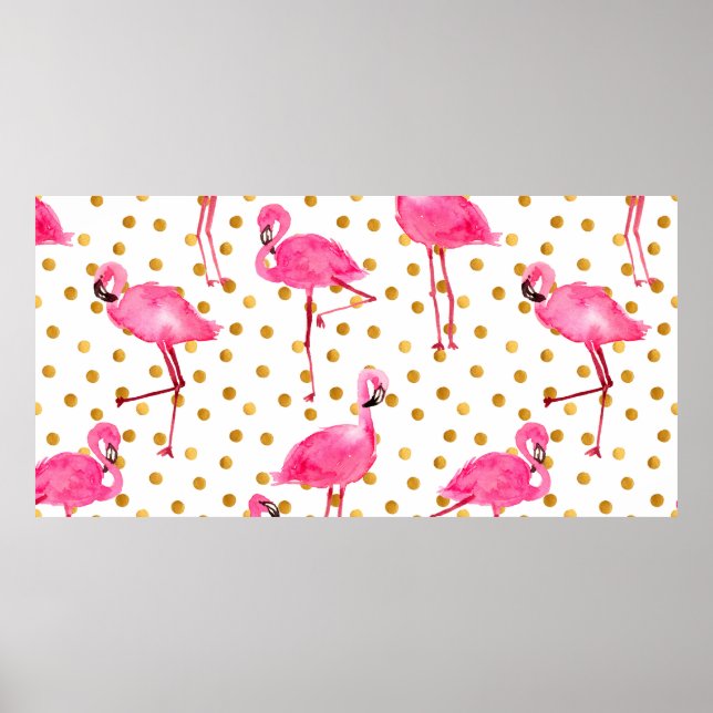 Poster Watercolor pink flamingos with golden dots seamles (Frente)