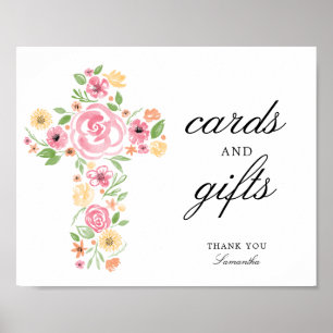 Poster Watercolor Pink Flower Cross First Communtion