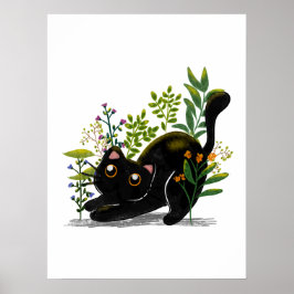 Poster Watercolor Playful Black Cat with Flowers